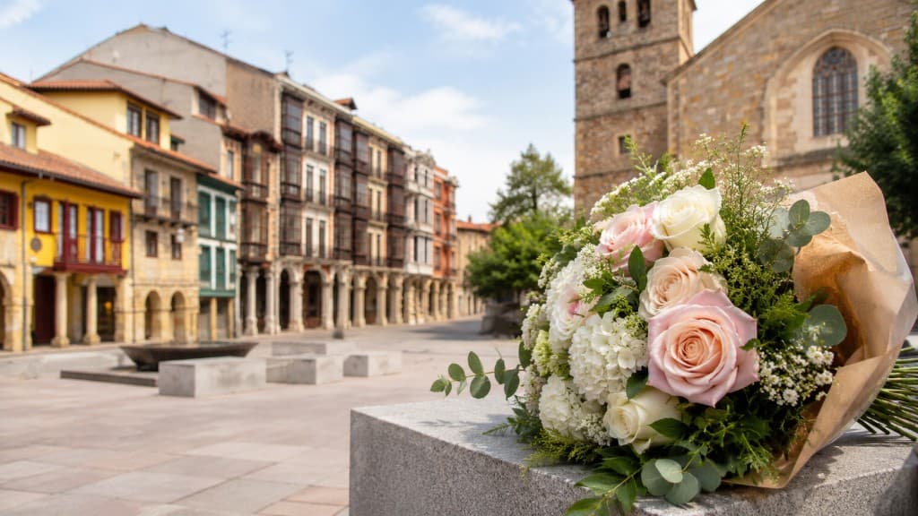 Ramo de rosas e hortensias frente a una plaza del casco histórico de Avilés