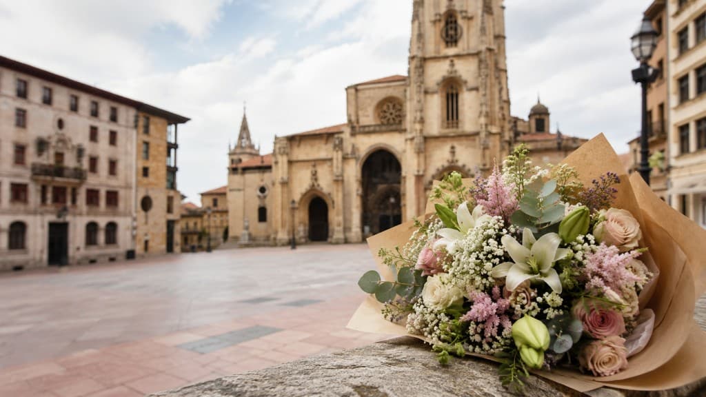 Ramo de lirios y rosas frente a la catedral de San Salvador en la plaza Alfonso II de Oviedo